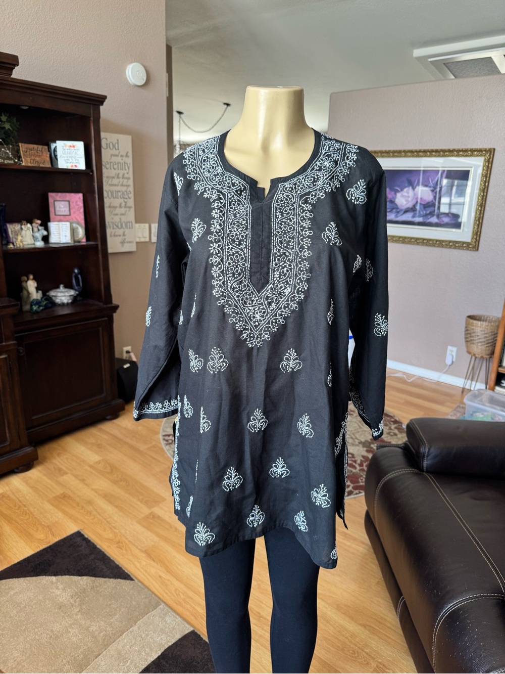 Ada Black Tunic Top with White Embroidery-size XL